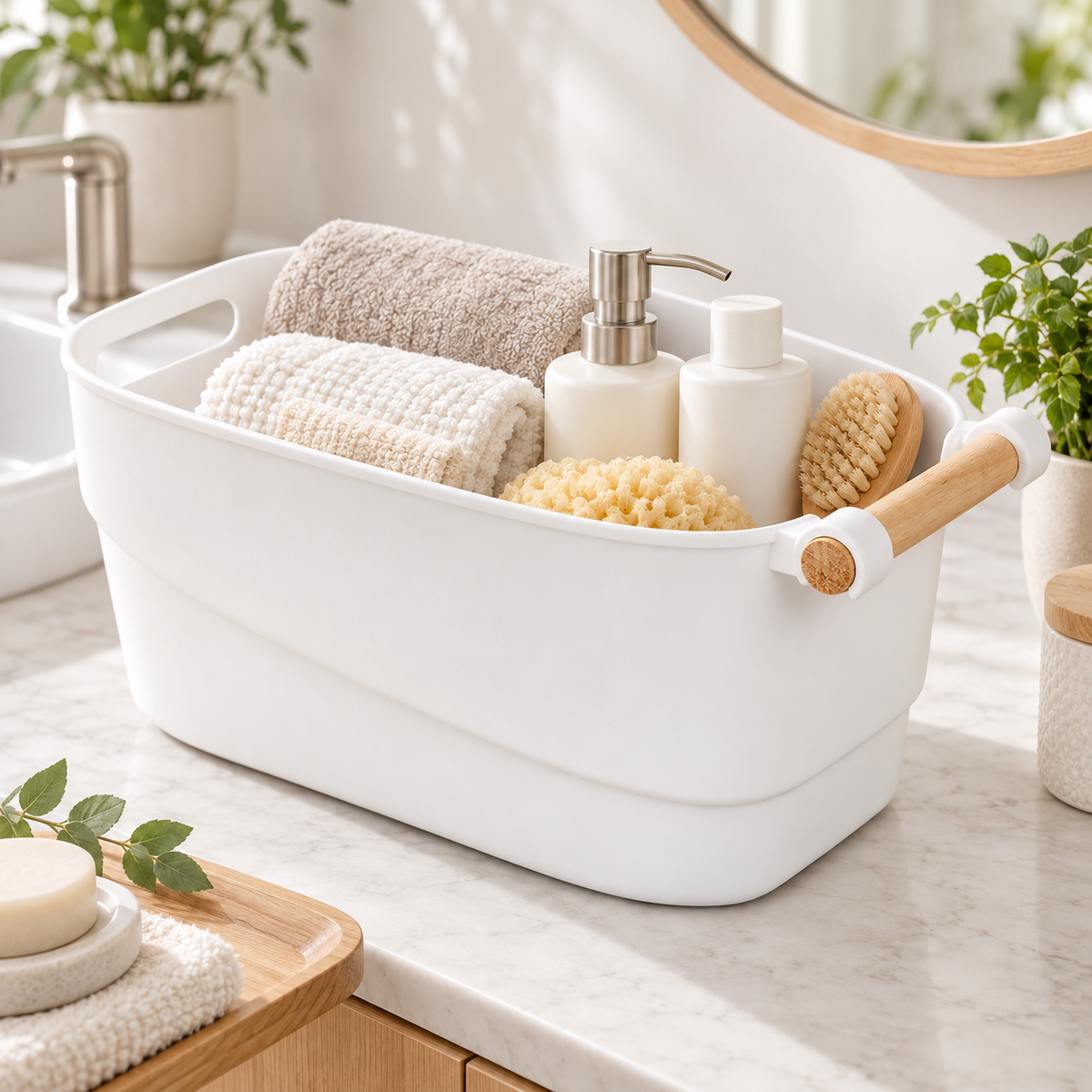 Bathroom Storage Tub w/ Wooden Handle - Large in a bright home storage setting