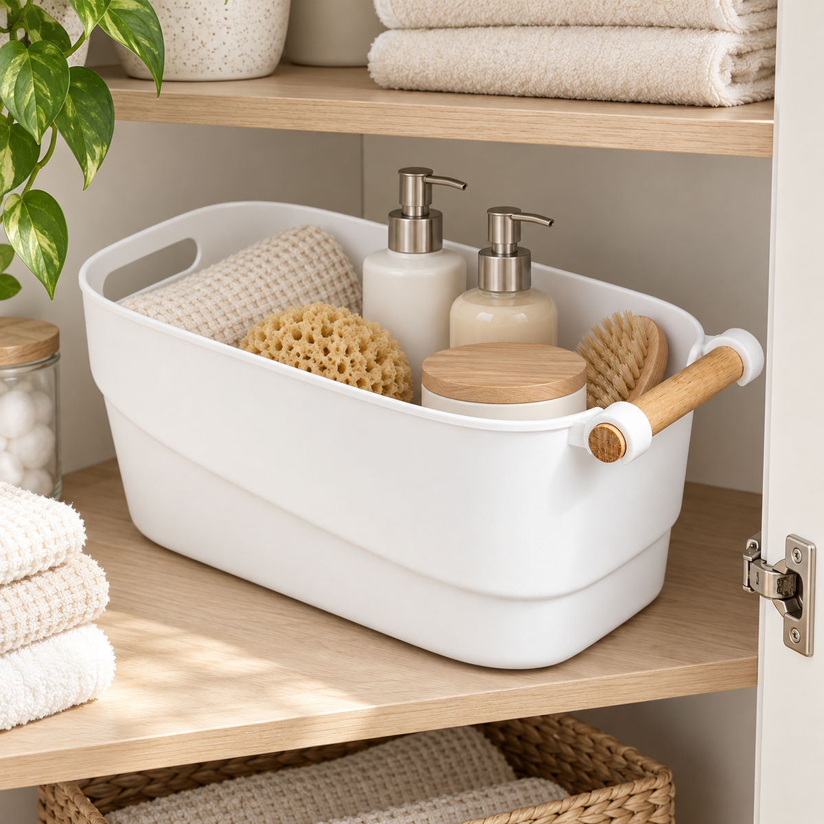 Bathroom Storage Tub w/ Wooden Handle - Large neatly organised on shelving