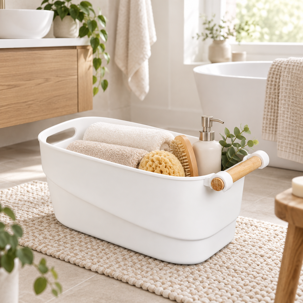 Bathroom Storage Tub w/ Wooden Handle - Large in a clean Scandinavian interior