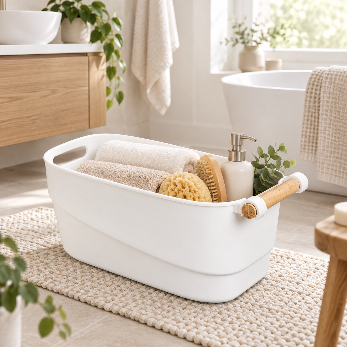 Bathroom Storage Tub w/ Wooden Handle - Large in a clean Scandinavian interior