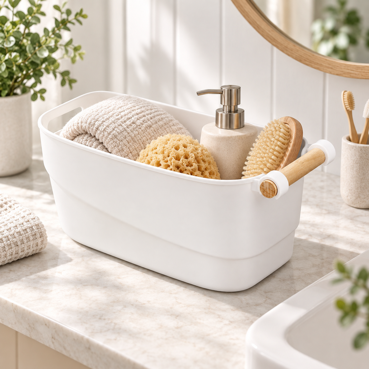 Bathroom Storage Tub w/ Wooden Handle - Medium in a bright home storage setting