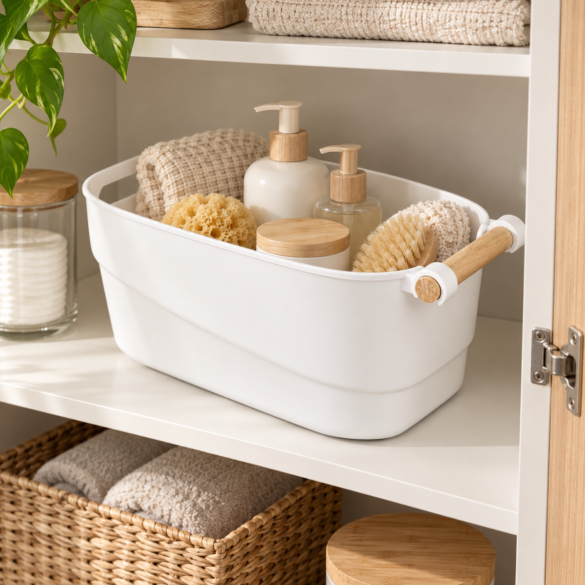 Bathroom Storage Tub w/ Wooden Handle - Medium neatly organised on shelving