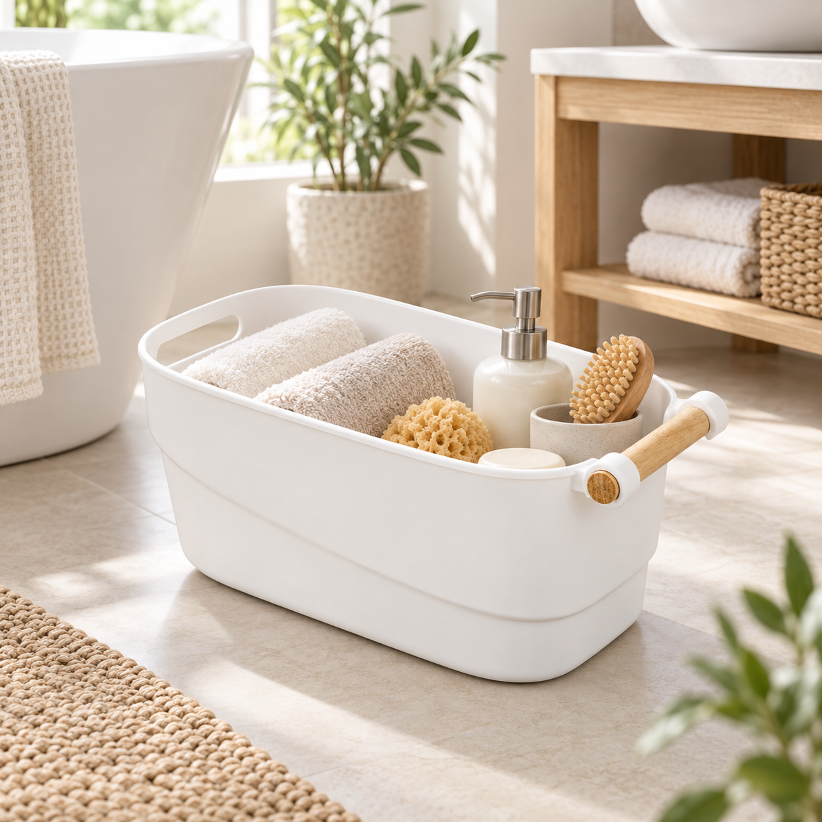 Bathroom Storage Tub w/ Wooden Handle - Medium in a clean Scandinavian interior