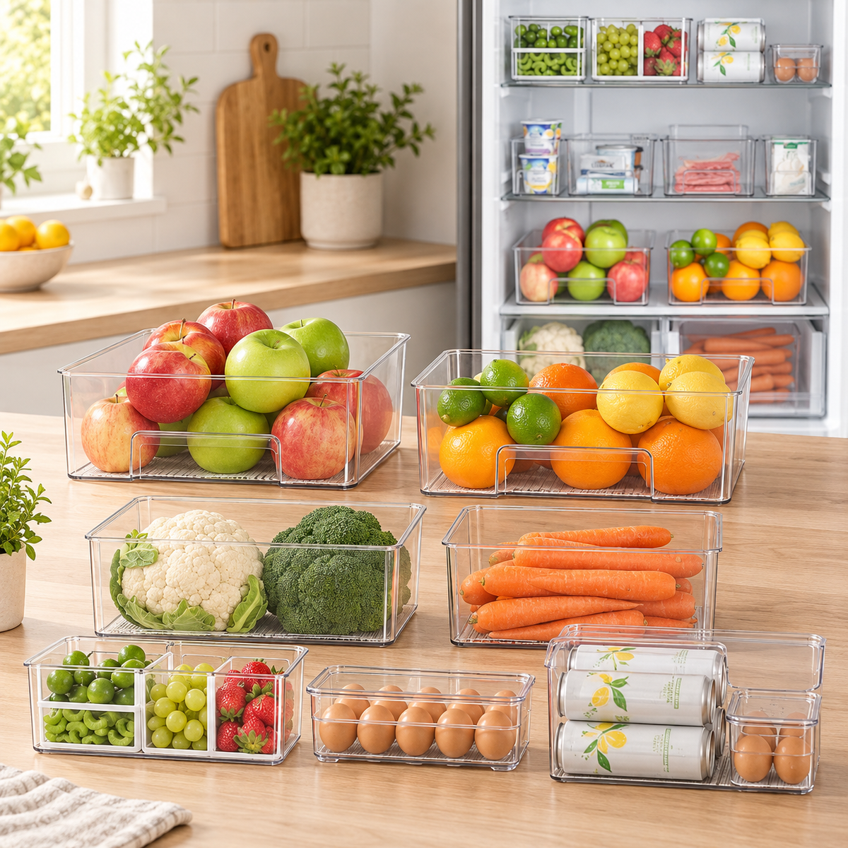 Clear Blissful Fridge Storage Set arranged on a kitchen worktop