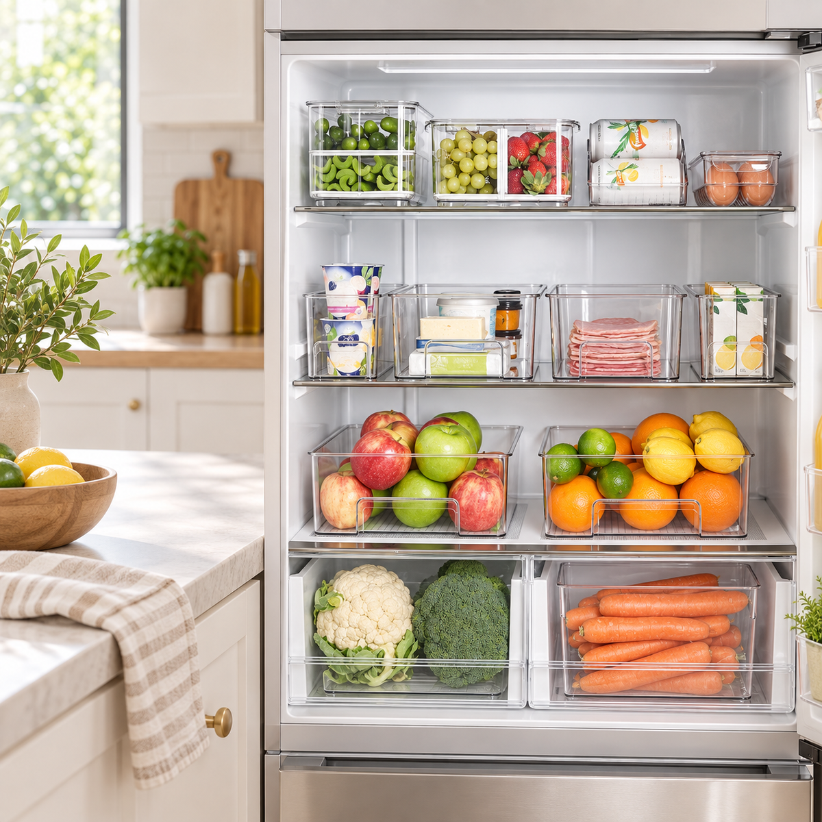 Blissful Fridge Storage Set in an organised open refrigerator