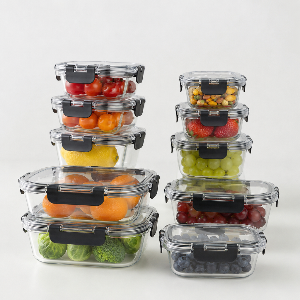 Meal Prep Glass Food Container - 10 Set Rectangle - Black