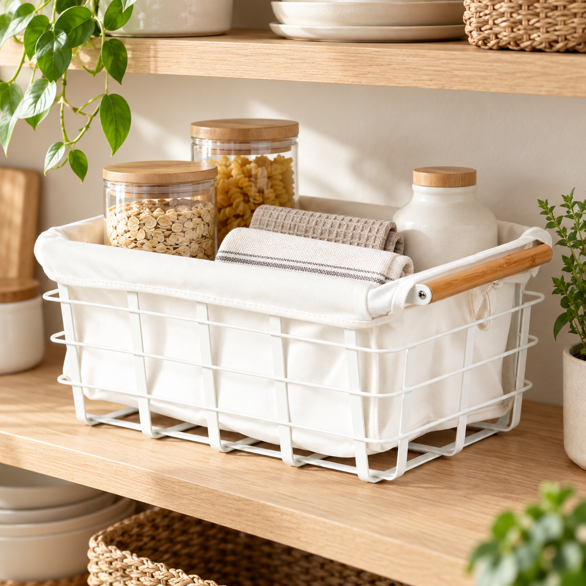 Cotton Liner For Metal Storage Basket in a bright home storage setting