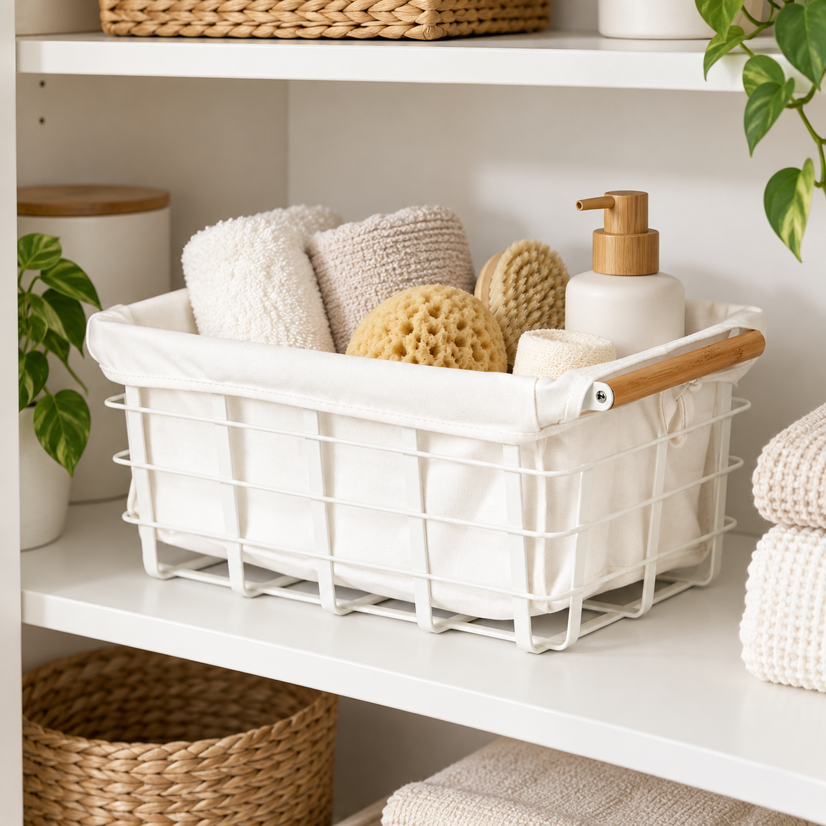Cotton Liner For Metal Storage Basket neatly organised on shelving