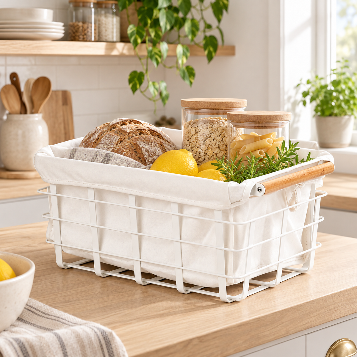 Cotton Liner For Metal Storage Basket in a clean Scandinavian interior