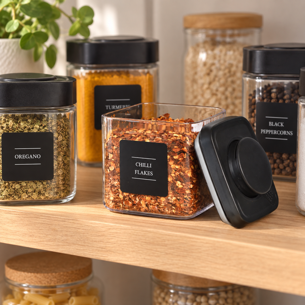 Essentials Spice Sticker Set - 44 Stickers - Black shown in practical organised storage
