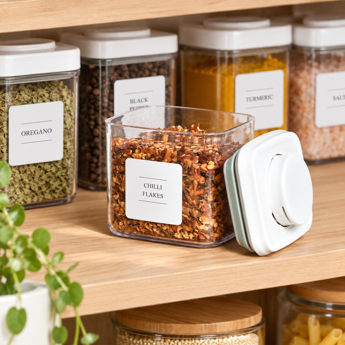 Essentials Spice Sticker Set - 44 Stickers - White shown in practical organised storage