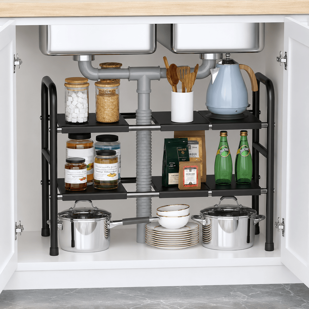 Expandable Under-Sink Storage Shelf – Double Tier - 6 Boards