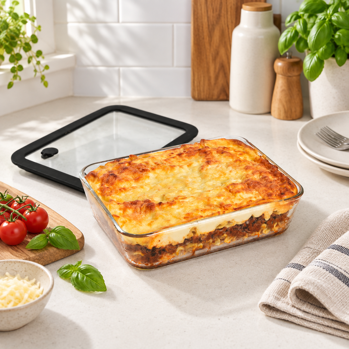 Glass Food Storage Container 1400ml - Rectangle - Black arranged in a bright premium home setting