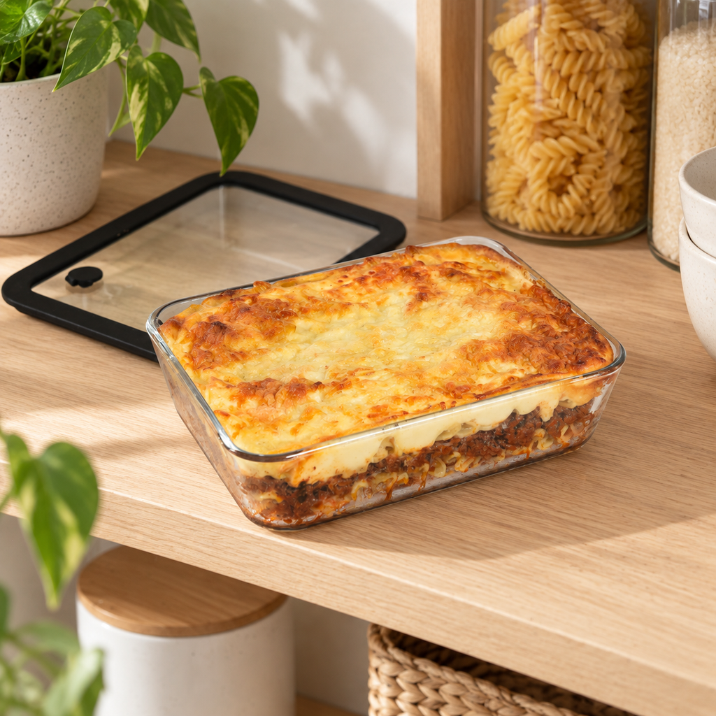 Glass Food Storage Container 1400ml - Rectangle - Black shown in practical organised storage
