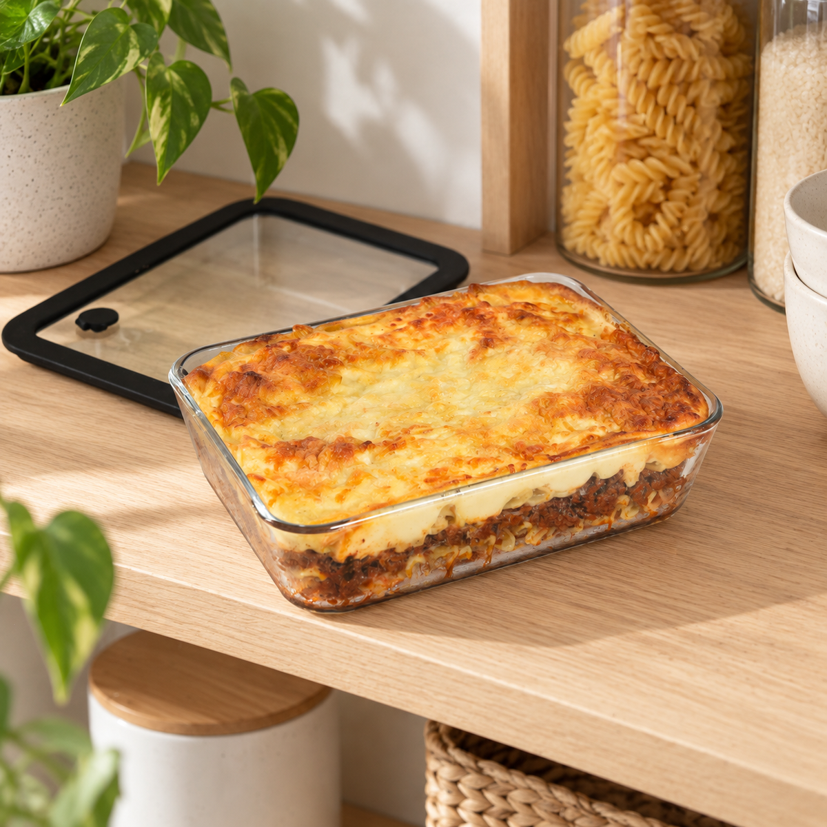 Glass Food Storage Container 1400ml - Rectangle - Black shown in practical organised storage