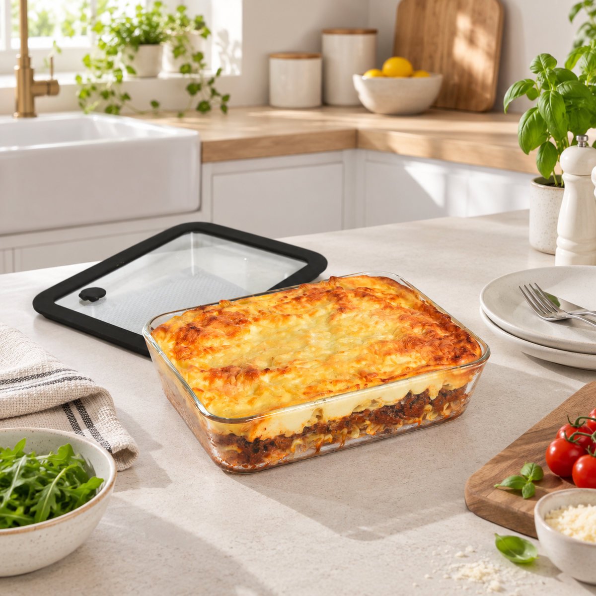 Glass Food Storage Container 1400ml - Rectangle - Black in a Scandinavian lifestyle setting