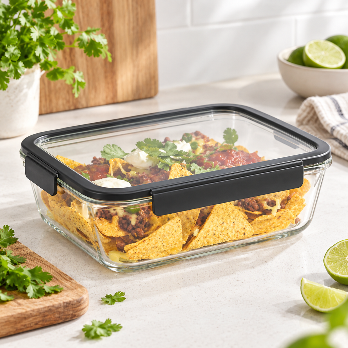 Glass Food Storage Container 2600ml - Rectangle - Black arranged in a bright premium home setting