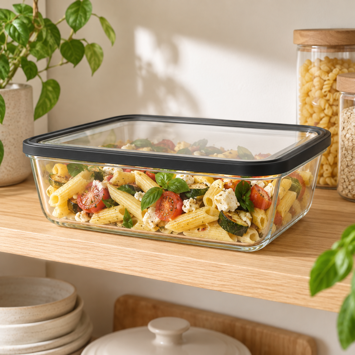 Glass Food Storage Container 2600ml - Rectangle - Black shown in practical organised storage