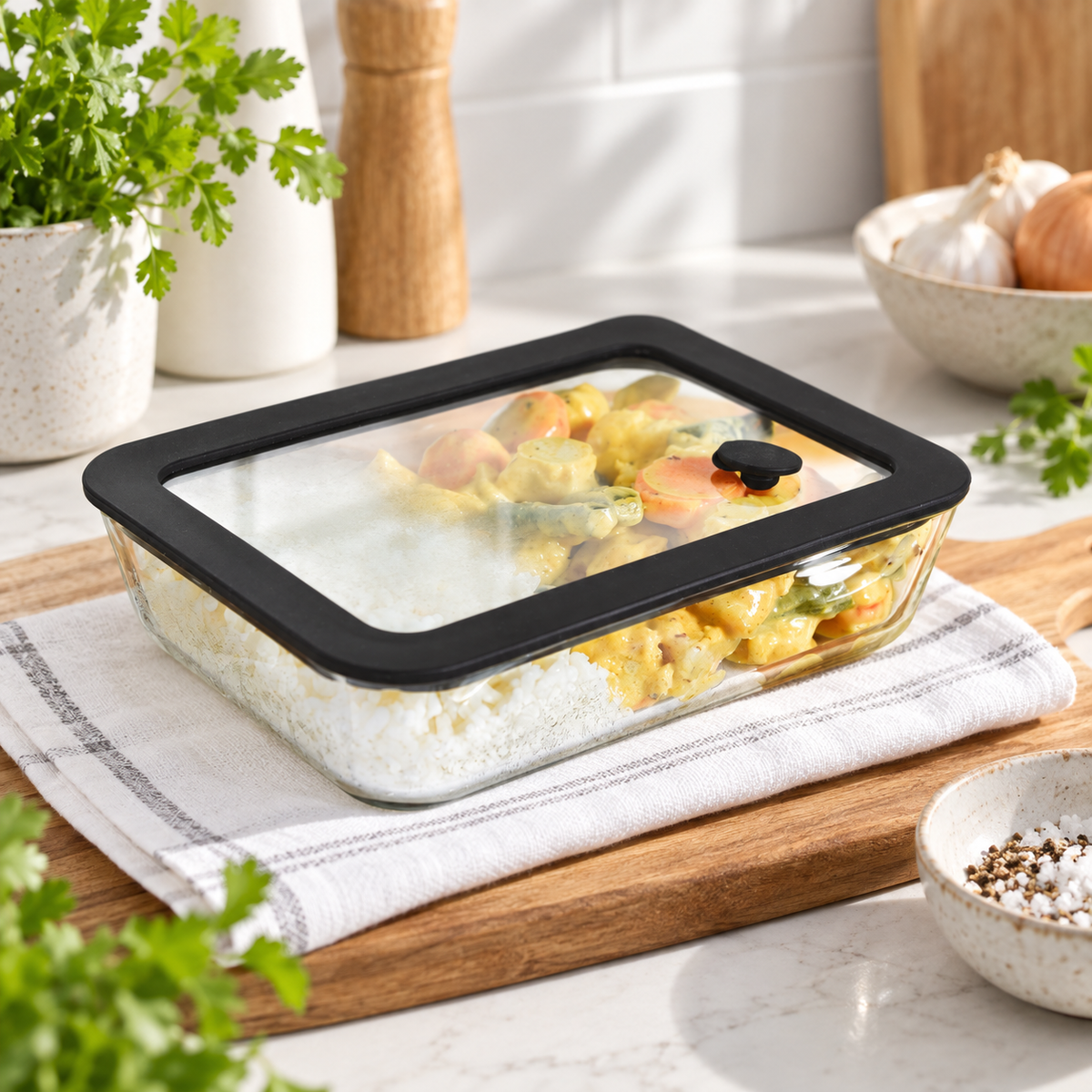 Glass Food Storage Container 700ml - Rectangle - Black arranged in a bright premium home setting
