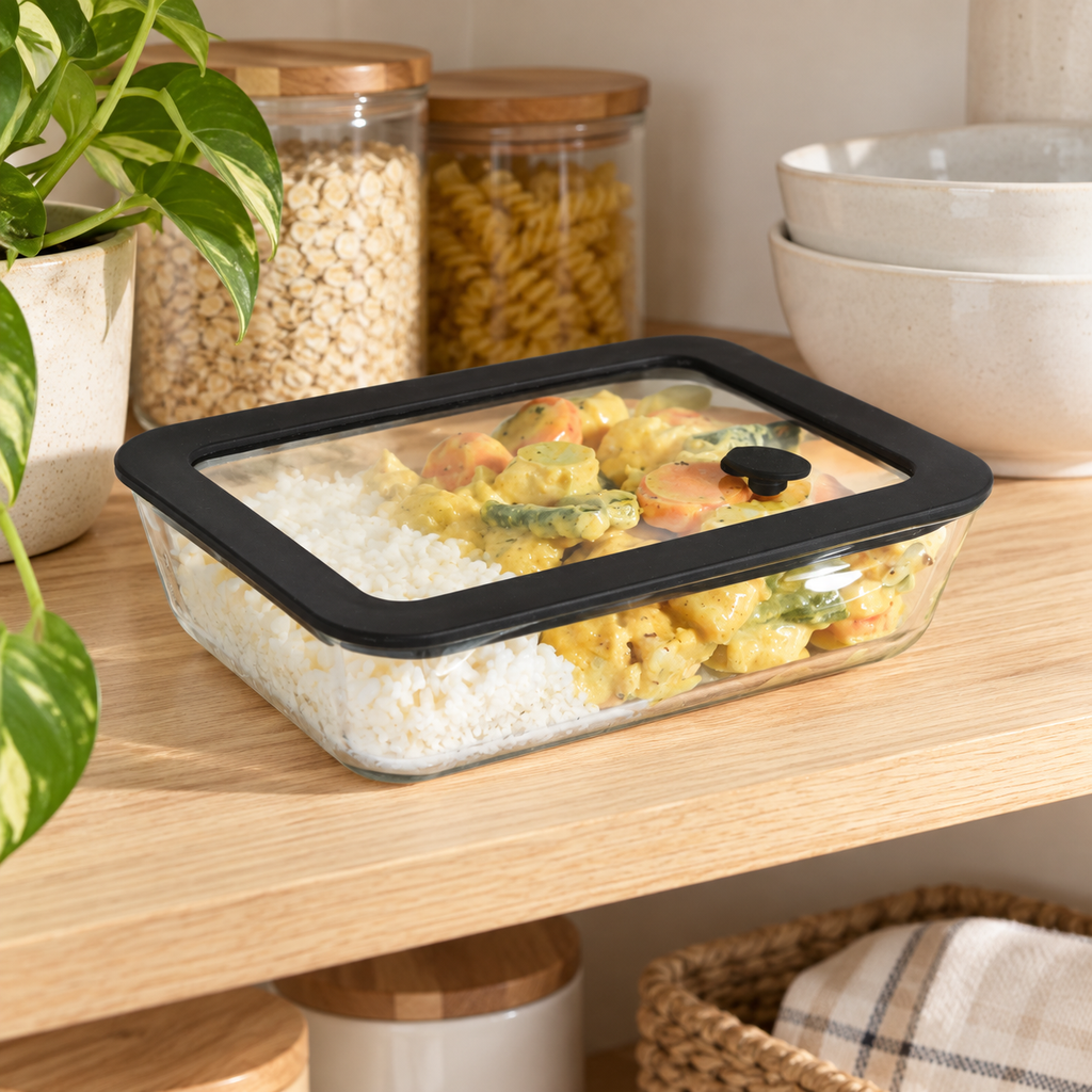 Glass Food Storage Container 700ml - Rectangle - Black shown in practical organised storage