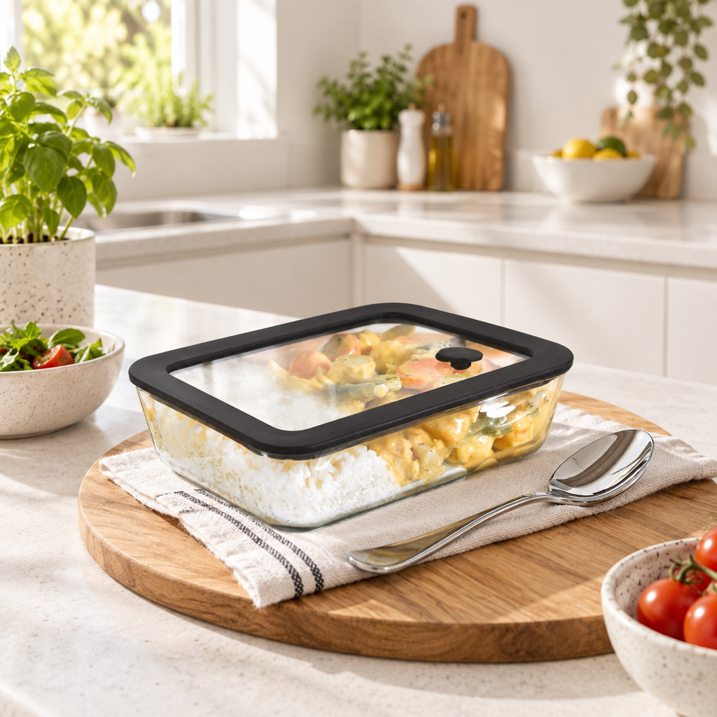 Glass Food Storage Container 700ml - Rectangle - Black in a Scandinavian lifestyle setting