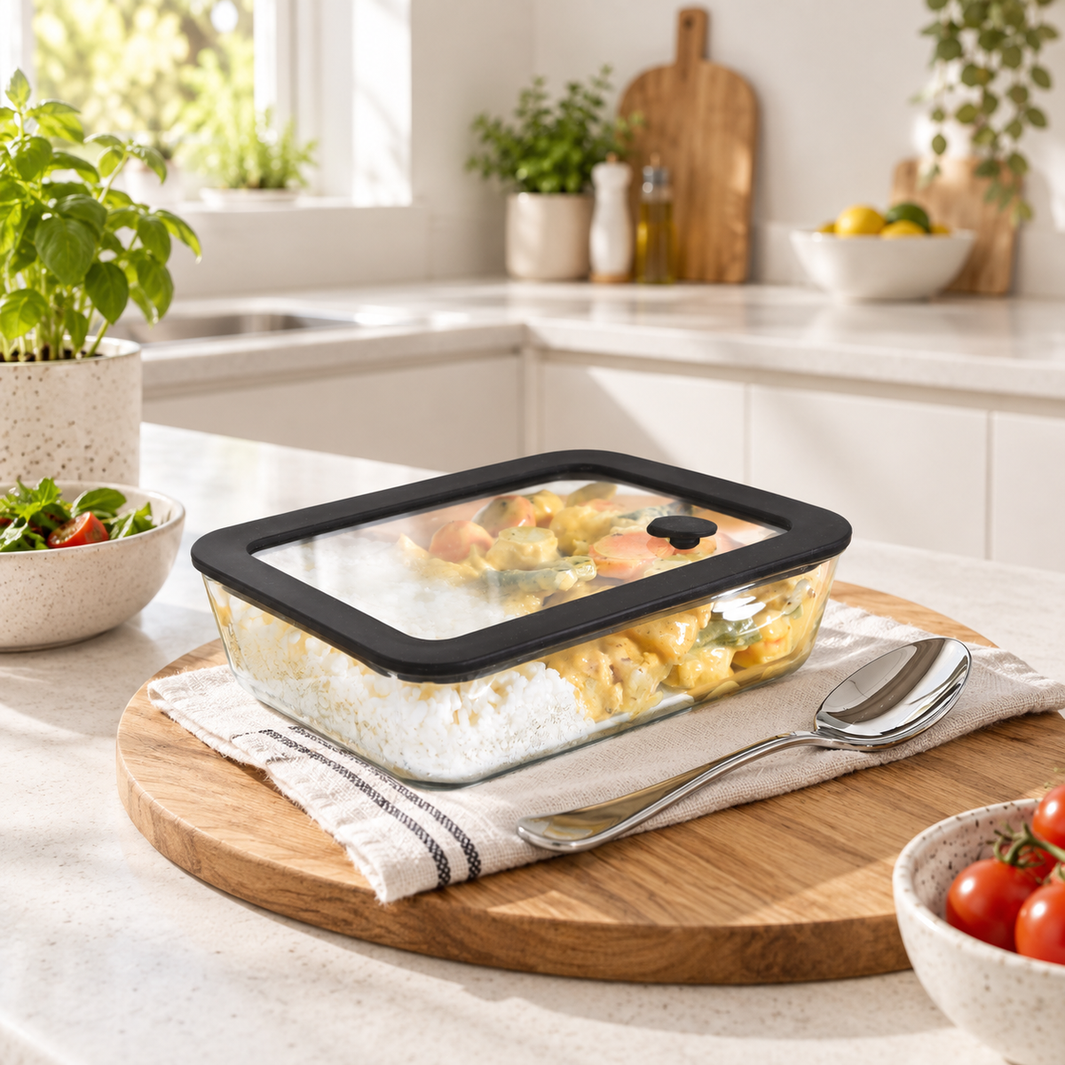 Glass Food Storage Container 700ml - Rectangle - Black in a Scandinavian lifestyle setting