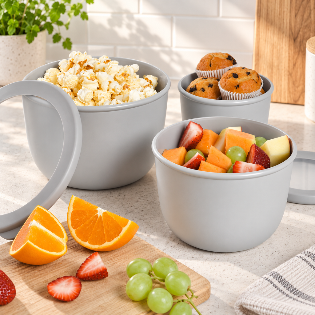 Food Storage Containers 3 Set - Round arranged in a bright premium home setting
