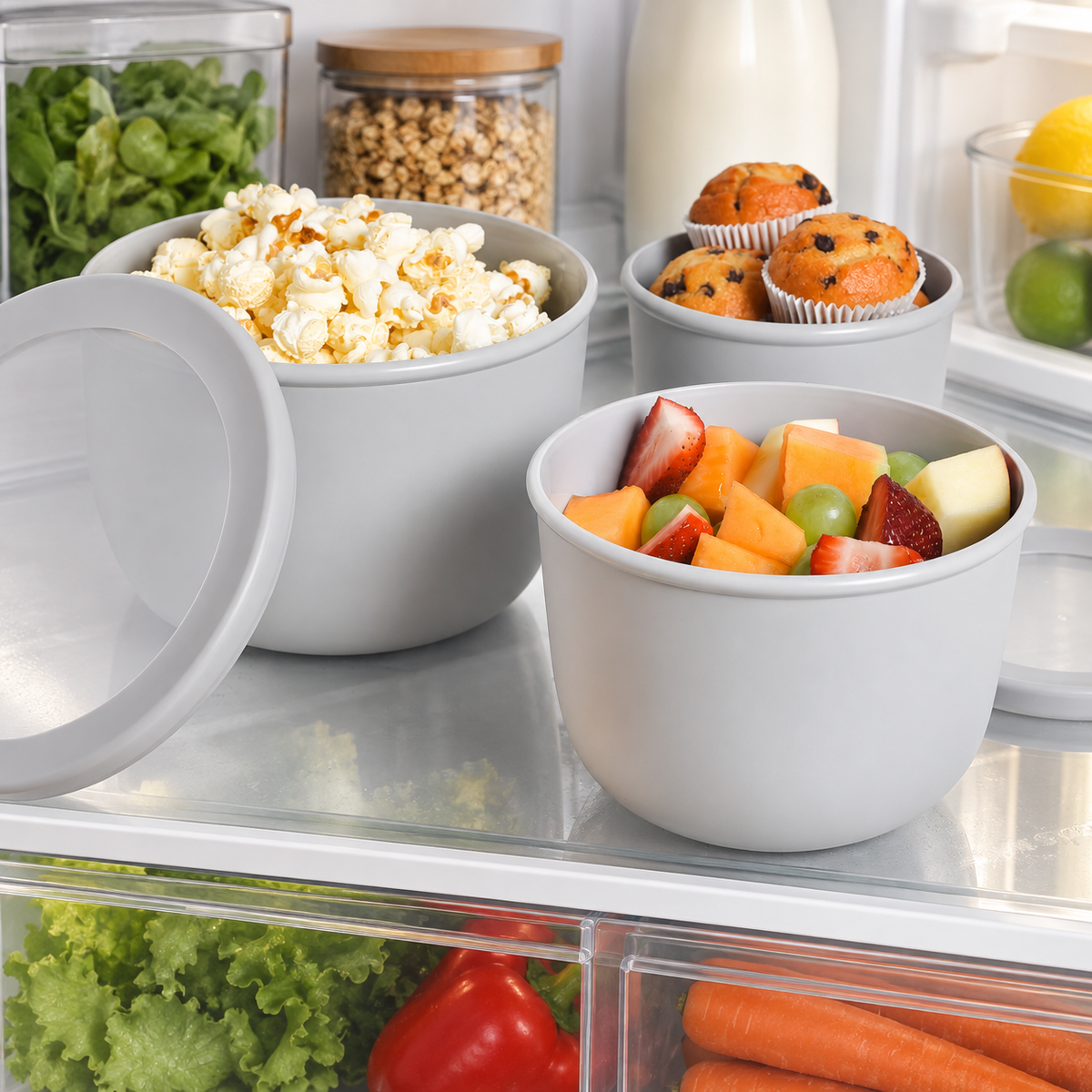 Food Storage Containers 3 Set - Round shown in practical organised storage