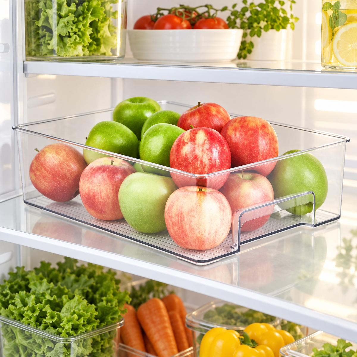 Clear large fridge storage tray holding apples on a refrigerator shelf