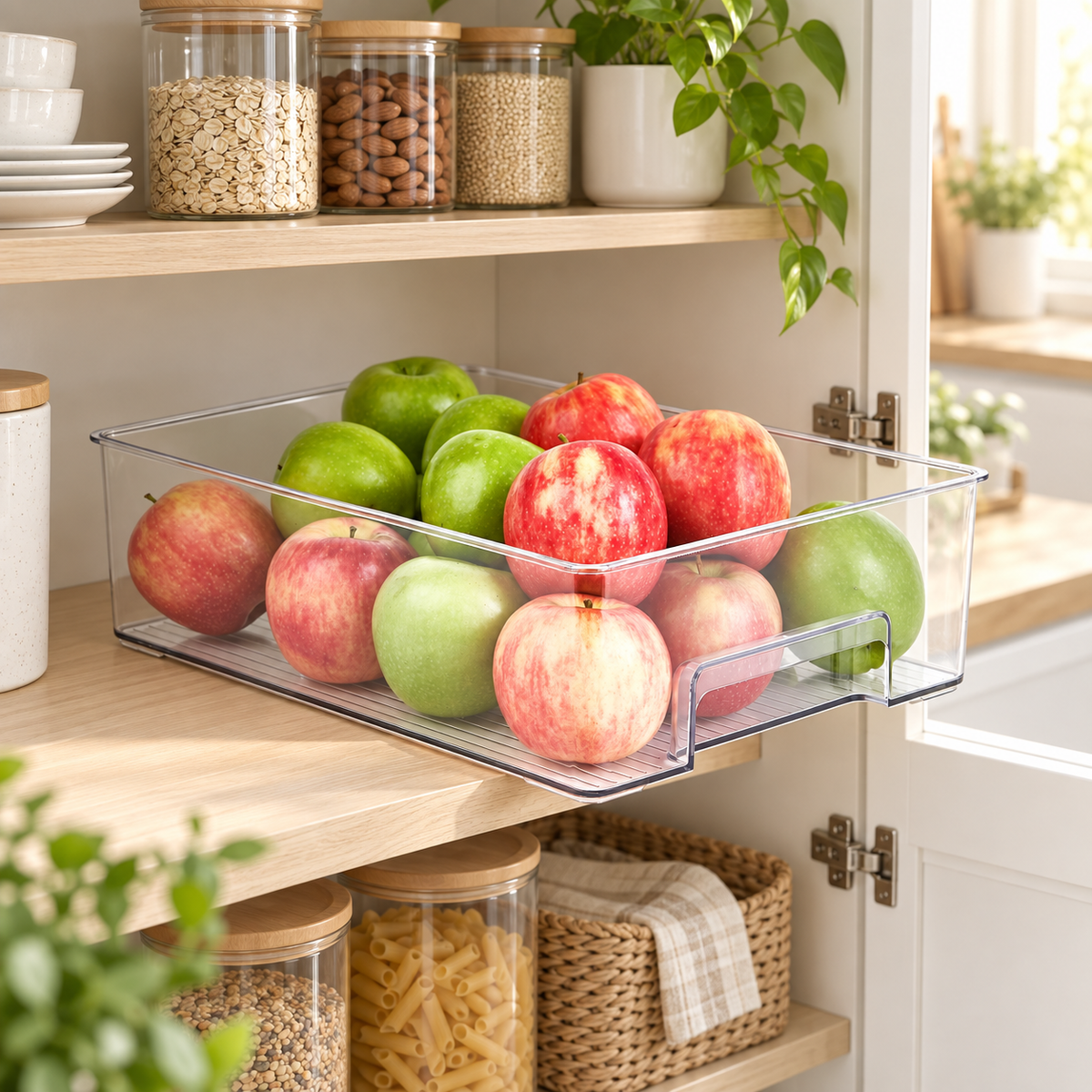 Clear large pantry storage tray with apples in a Scandinavian kitchen