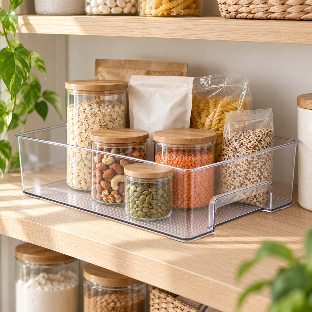 Clear large storage tray organising jars and packets on a pantry shelf