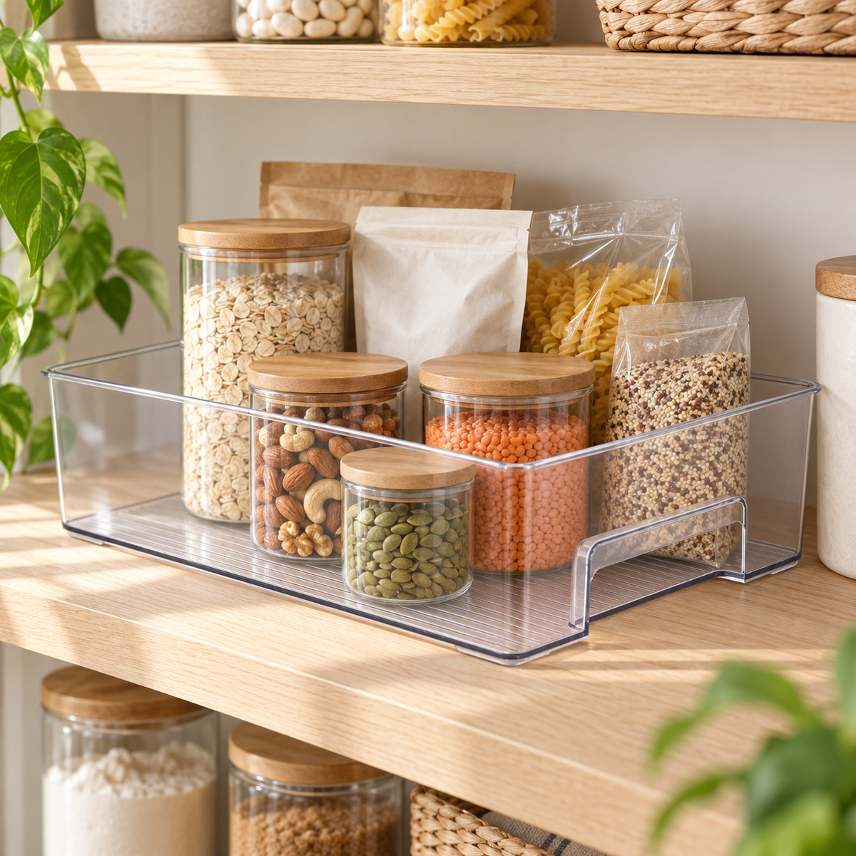 Clear large storage tray organising jars and packets on a pantry shelf