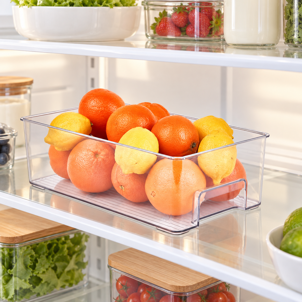 Clear medium fridge storage tray holding citrus fruit on a refrigerator shelf