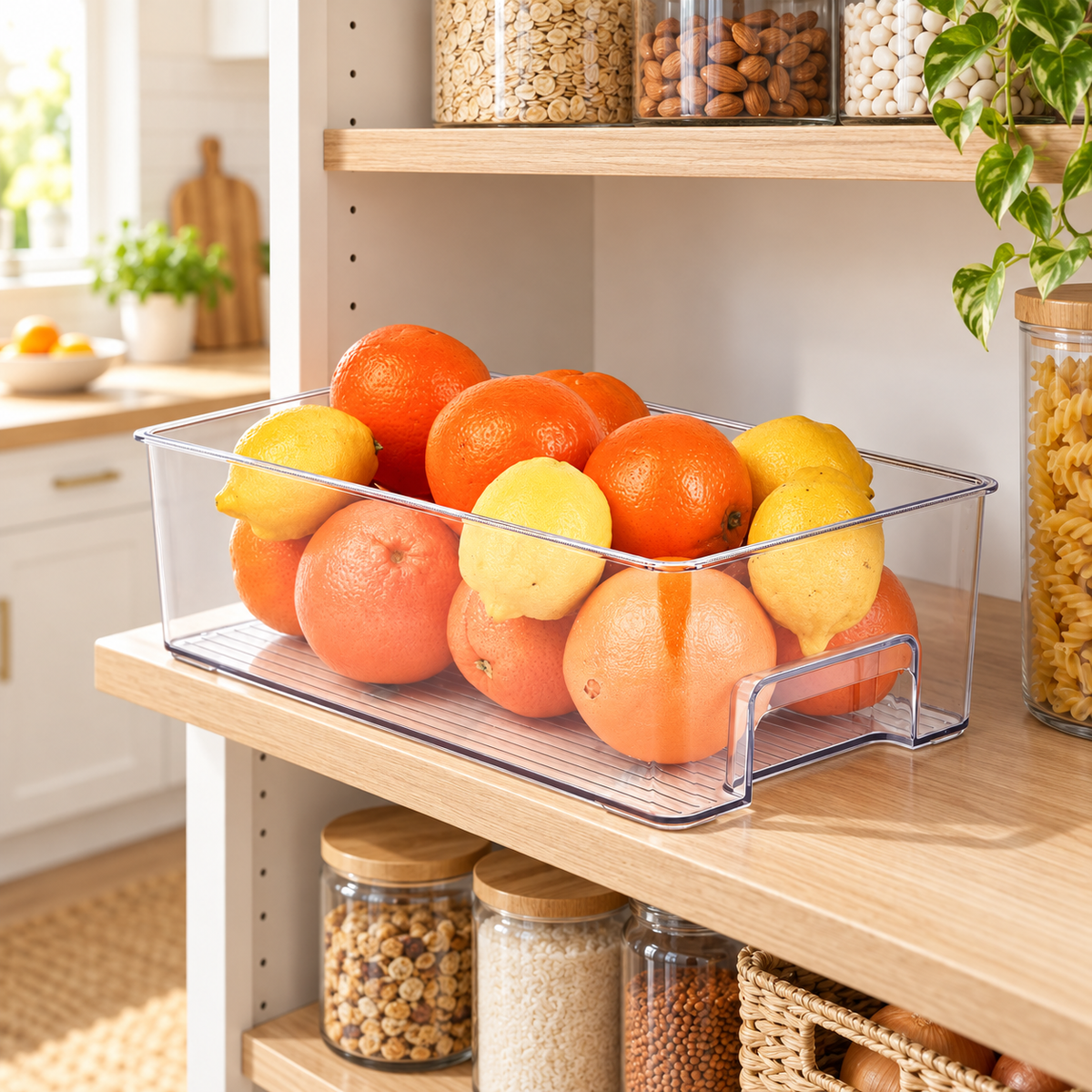 Clear medium pantry storage tray with fruit in a Scandinavian kitchen