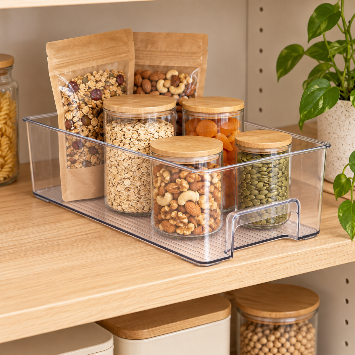 Clear medium storage tray organising jars and packets on a pantry shelf