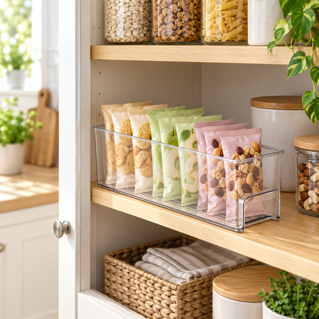 Clear small pantry storage tray with snack packets in a Scandinavian kitchen