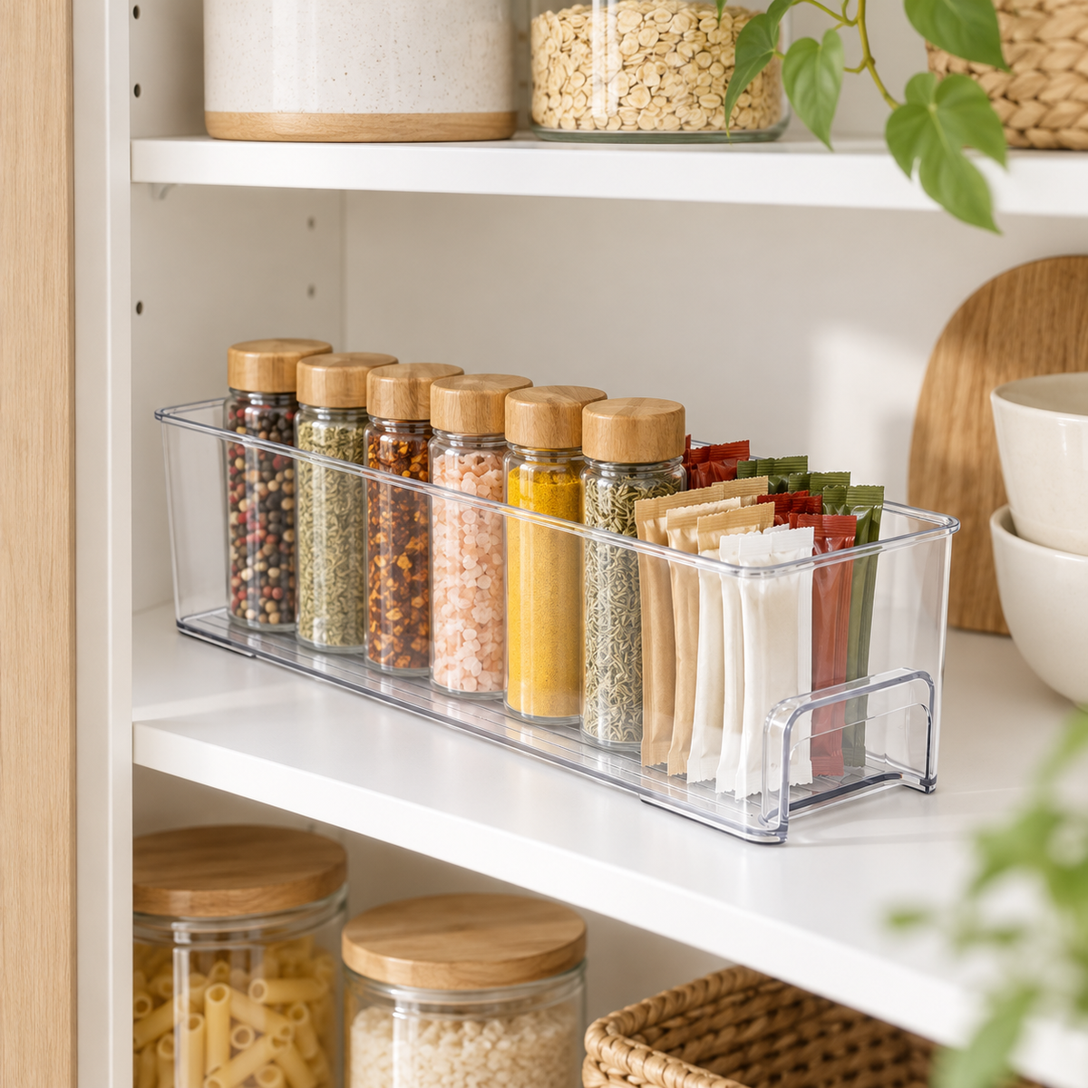 Clear small storage tray organising spice jars and packets in a pantry