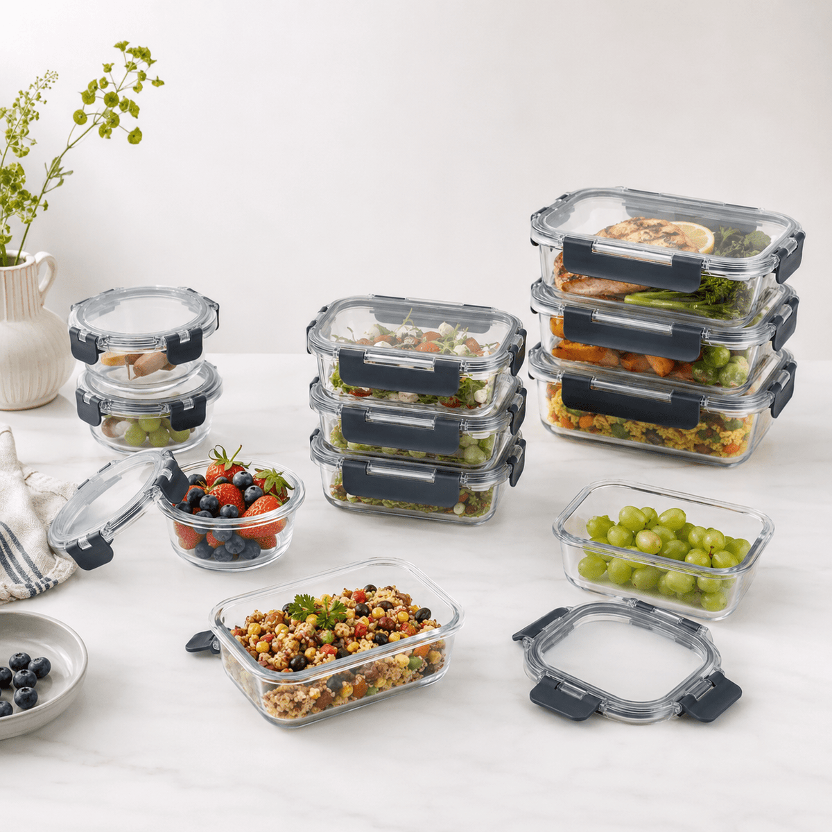 Glass Food Containers Blue - 12 Set Rectangle/Round