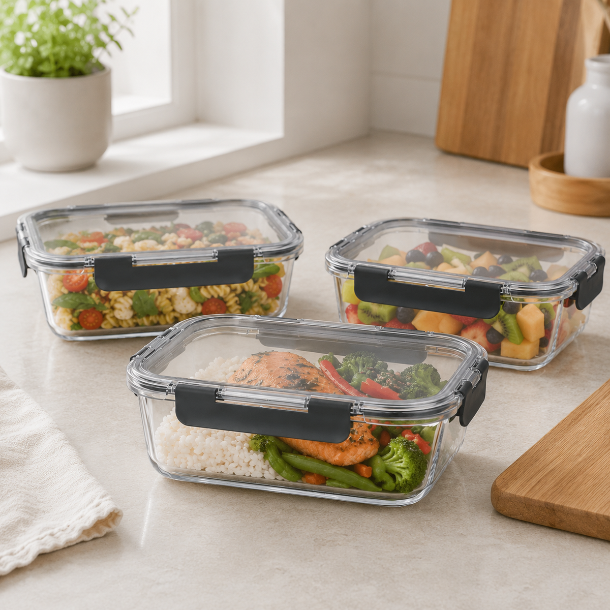 Glass Food Storage Container 1480ml - Black - 3 Pack – view 2