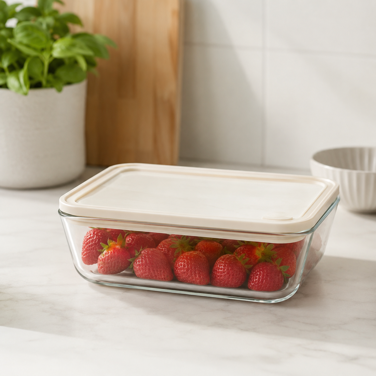 Glass Food Storage Container 1500ml - Rectangle - Cream