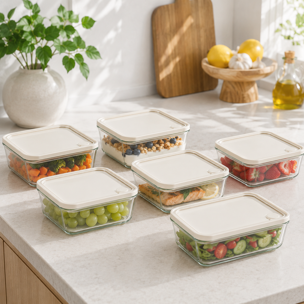 Glass Food Storage Container 620ml Rectangle - 6 Set - Cream