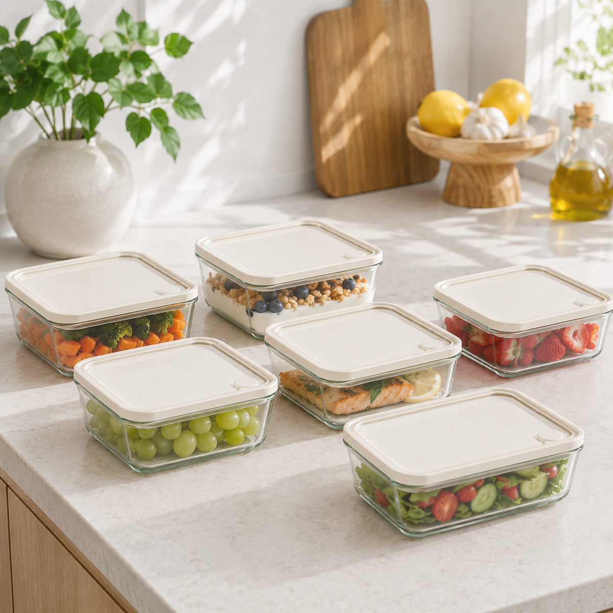 Glass Food Storage Container 620ml Rectangle - 6 Set - Cream