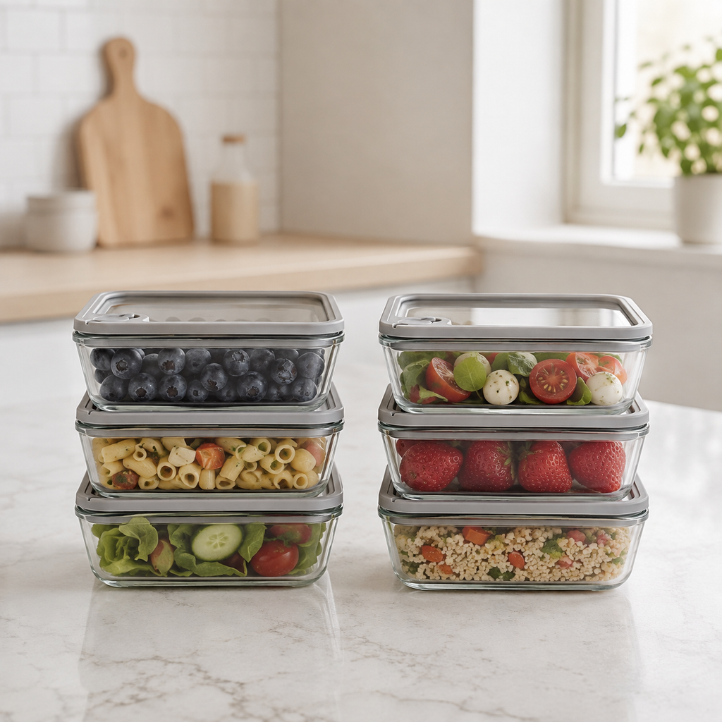 Glass Food Storage Container 620ml Rectangle - 6 Set - Grey
