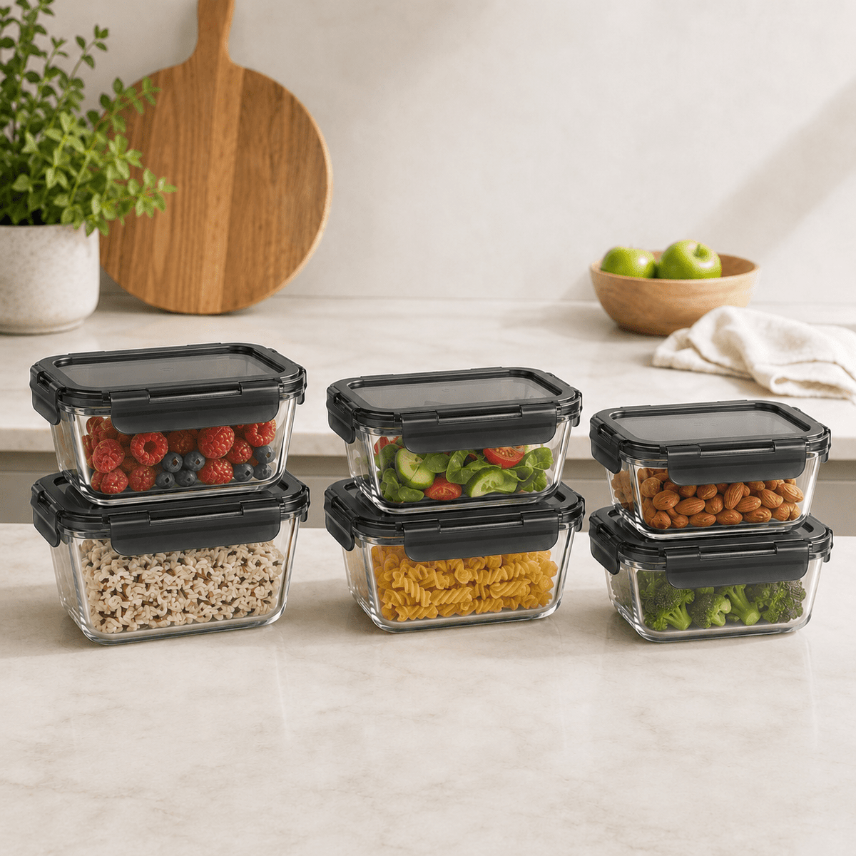 Glass Food Storage Container 630ml Rectangle - 6 Set - Black