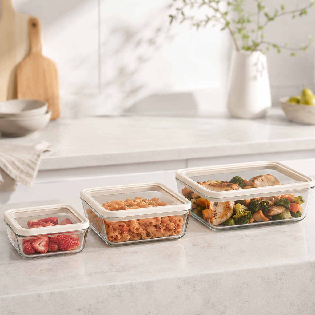 Glass Food Storage Containers - 3 Set Rectangle - Cream