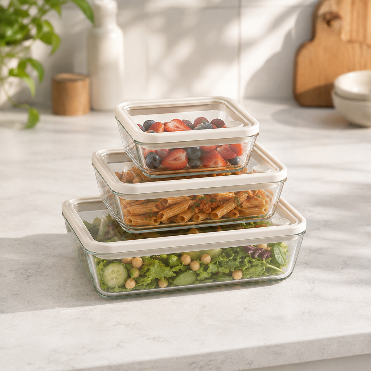 Glass Food Storage Containers - 3 Set Rectangle - Cream – view 2