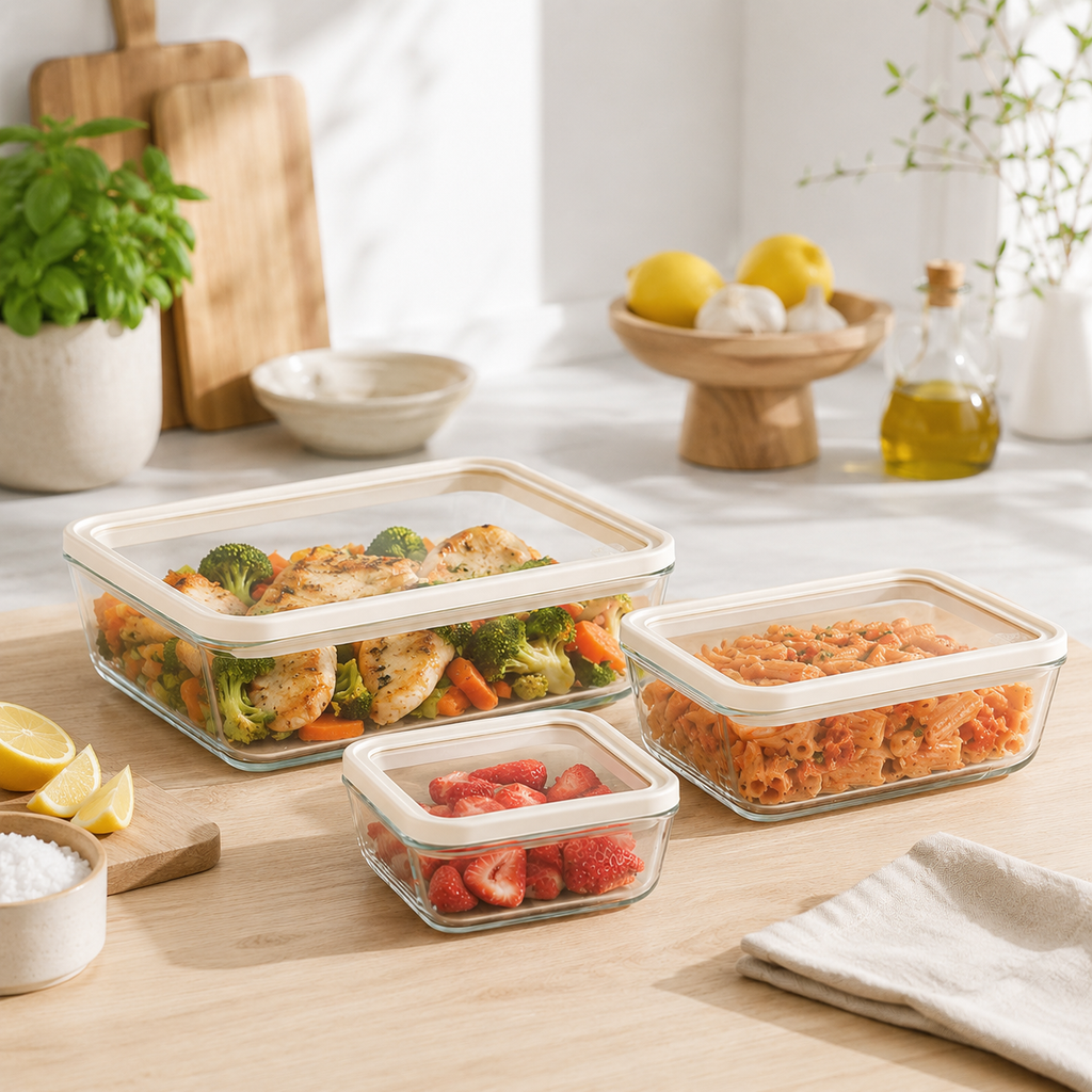 Glass Food Storage Containers - 3 Set Rectangle - Cream – view 3