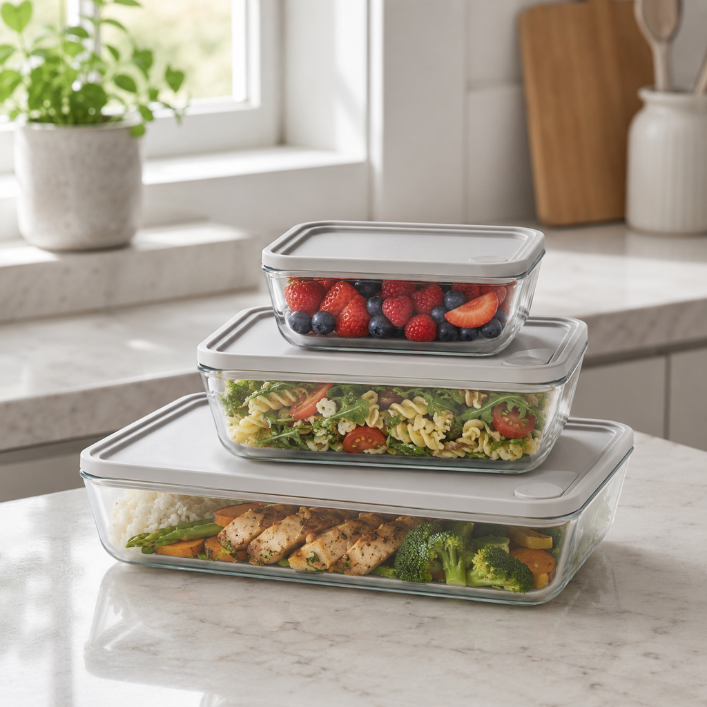 Glass Food Storage Containers - 3 Set Rectangle - Grey