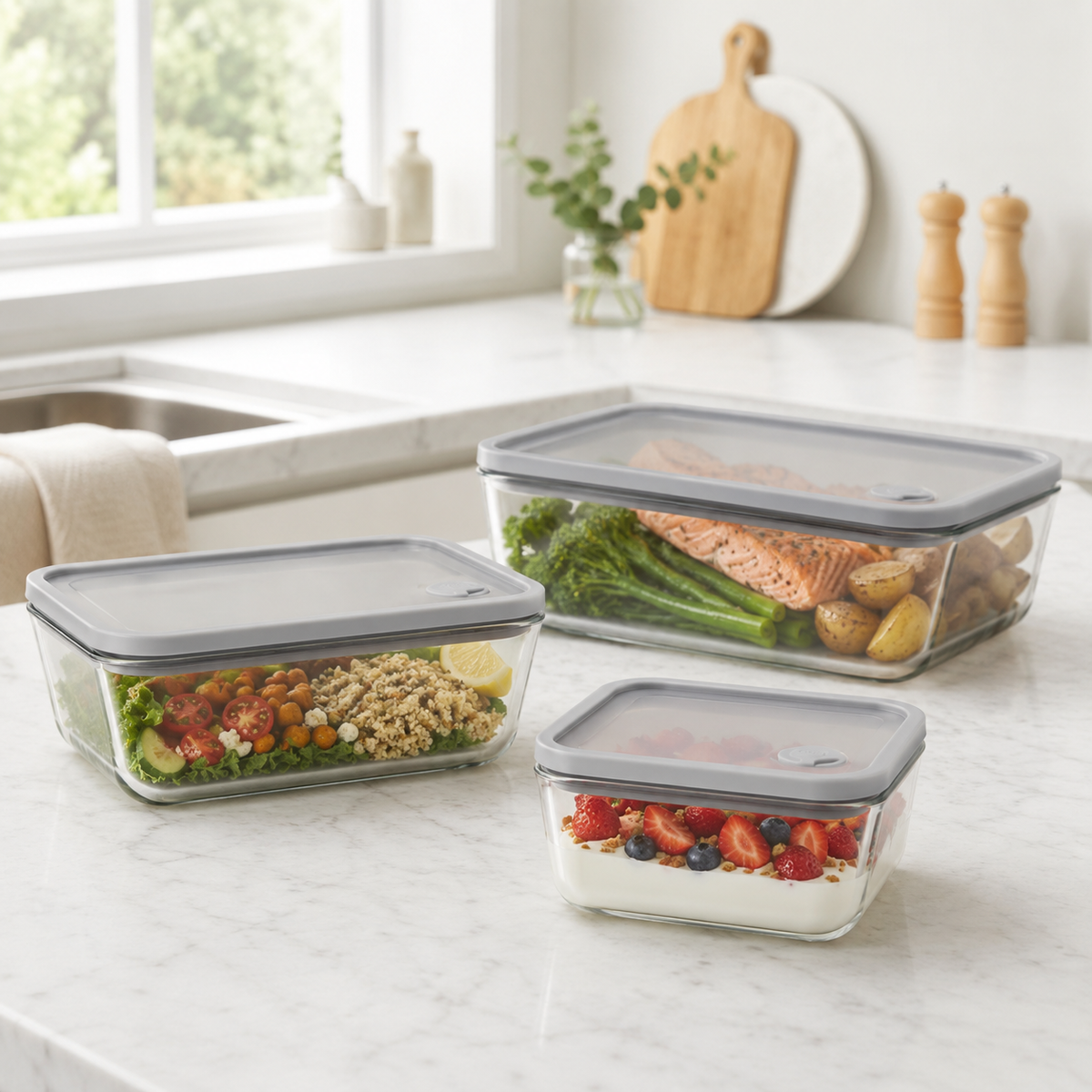 Glass Food Storage Containers - 3 Set Rectangle - Grey – view 3