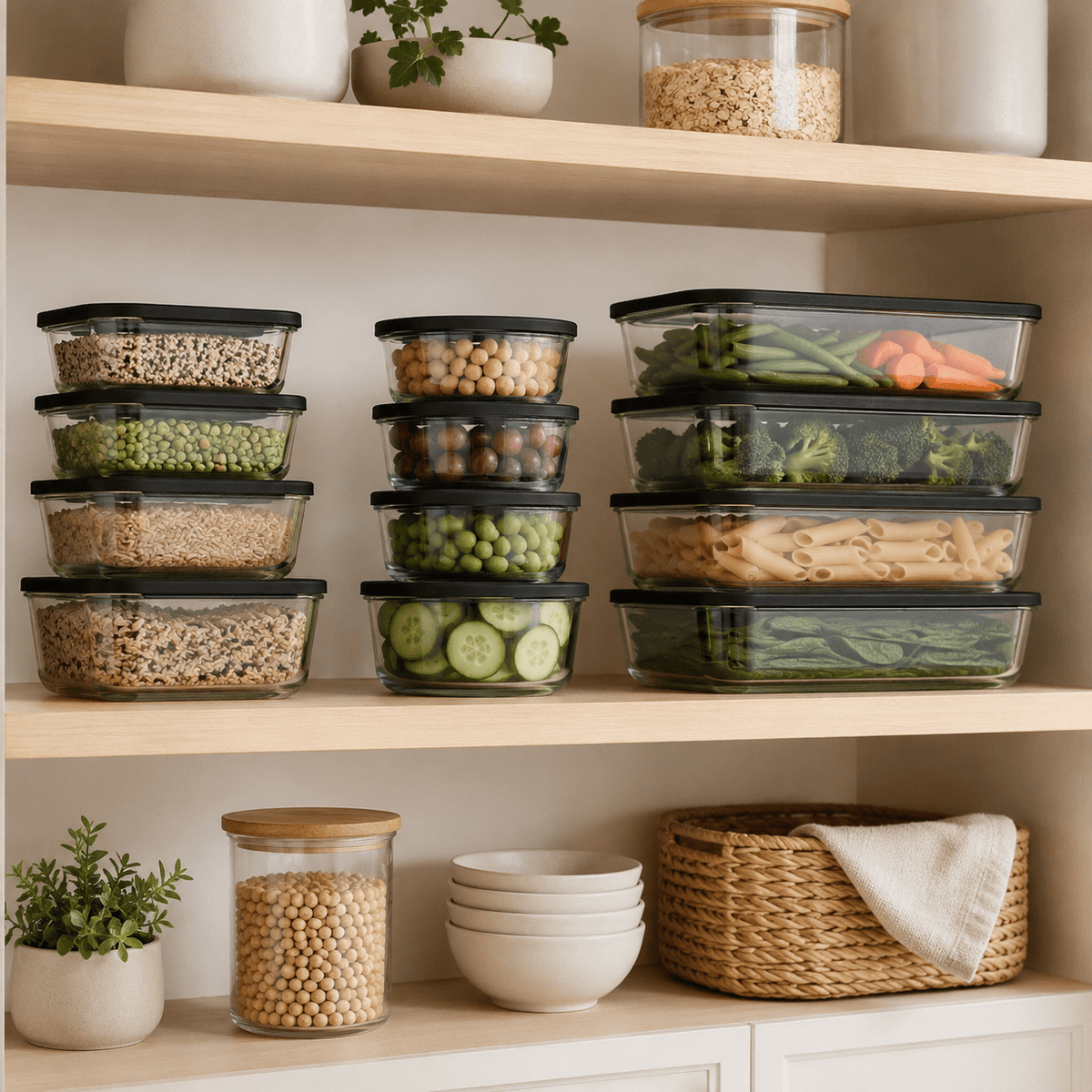 Glass Food Storage Containers Black - 12 Set Rectangle / Round - Meal Prep